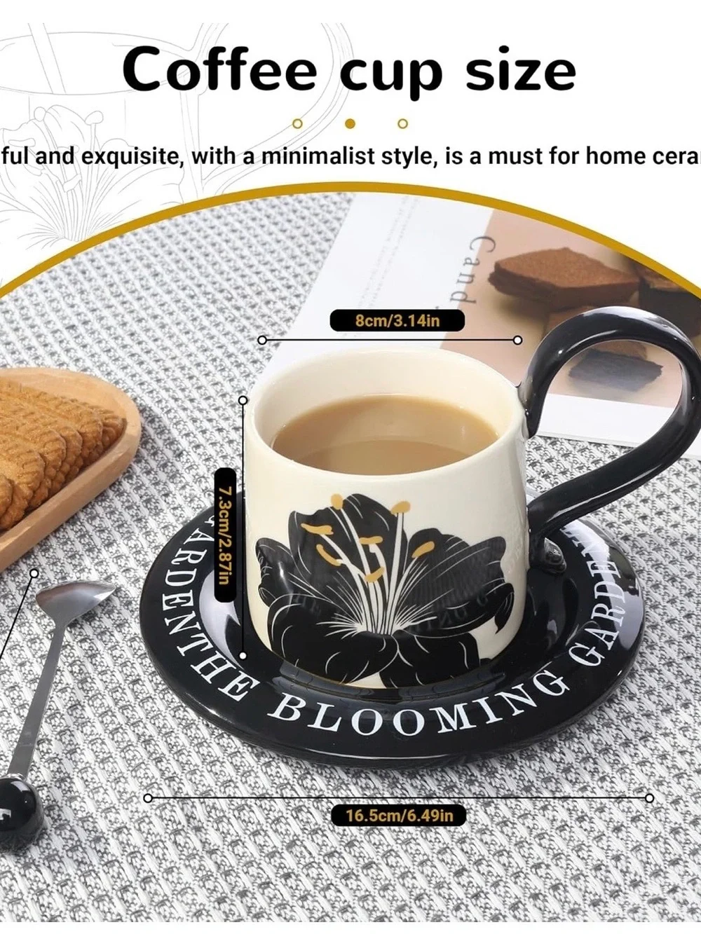 Ceramic Coffee Cup & Saucer Set - Black Floral, Three-Piece